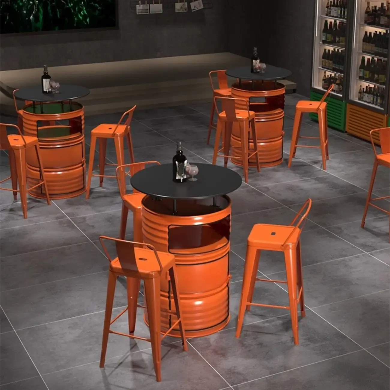 Industrial Black Orange Metal Drum Storage Bar Tables