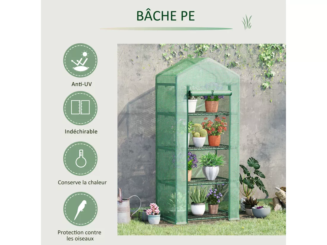 Serre de jardin balcon étagère serre 4 niveaux 0,7L x 0,5l x 1,6H m acier galvanisé bâche amovible PE haute densité vert