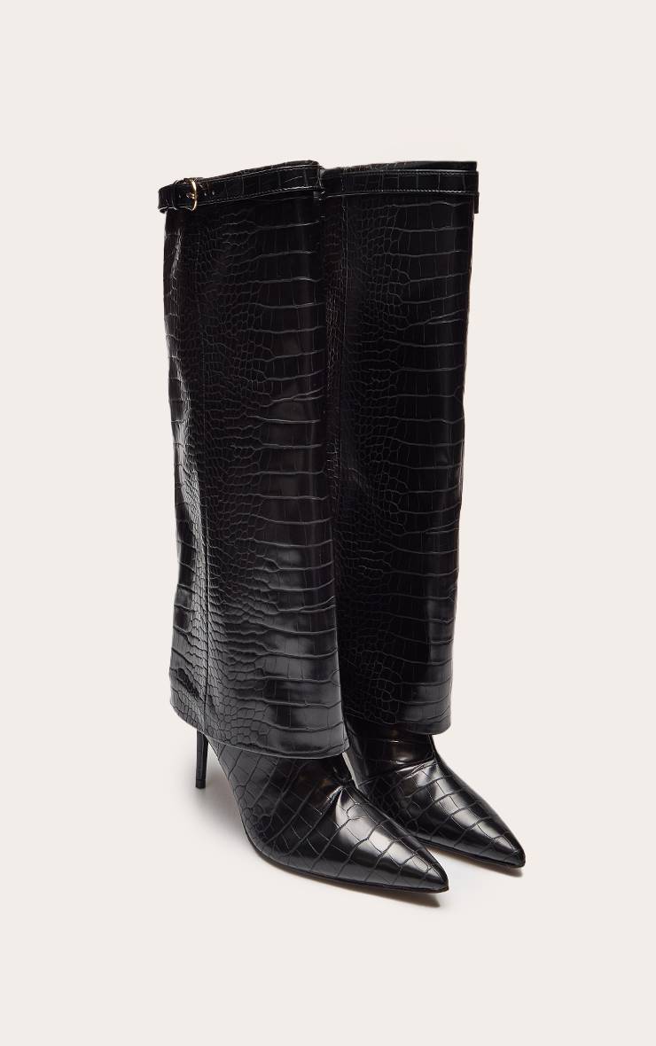 Noir Effet Croco Botte Haute À Talon Effet Synthétique Avec Revers