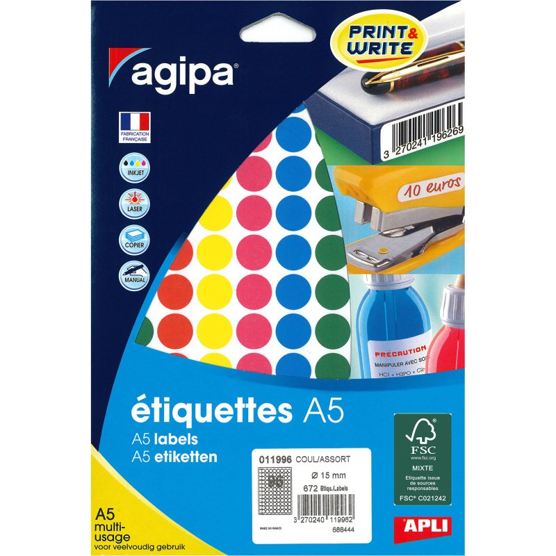 Pastille adhésive Ø 15 mm Agipa 11996 couleurs assorties - Boîte de 672