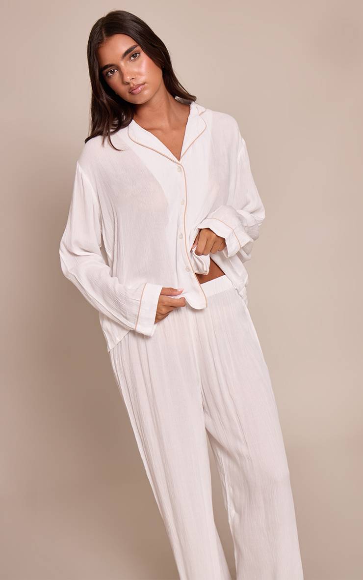 Blanc Ensemble Pyjama Long Froissé À Passepoil Contrasté