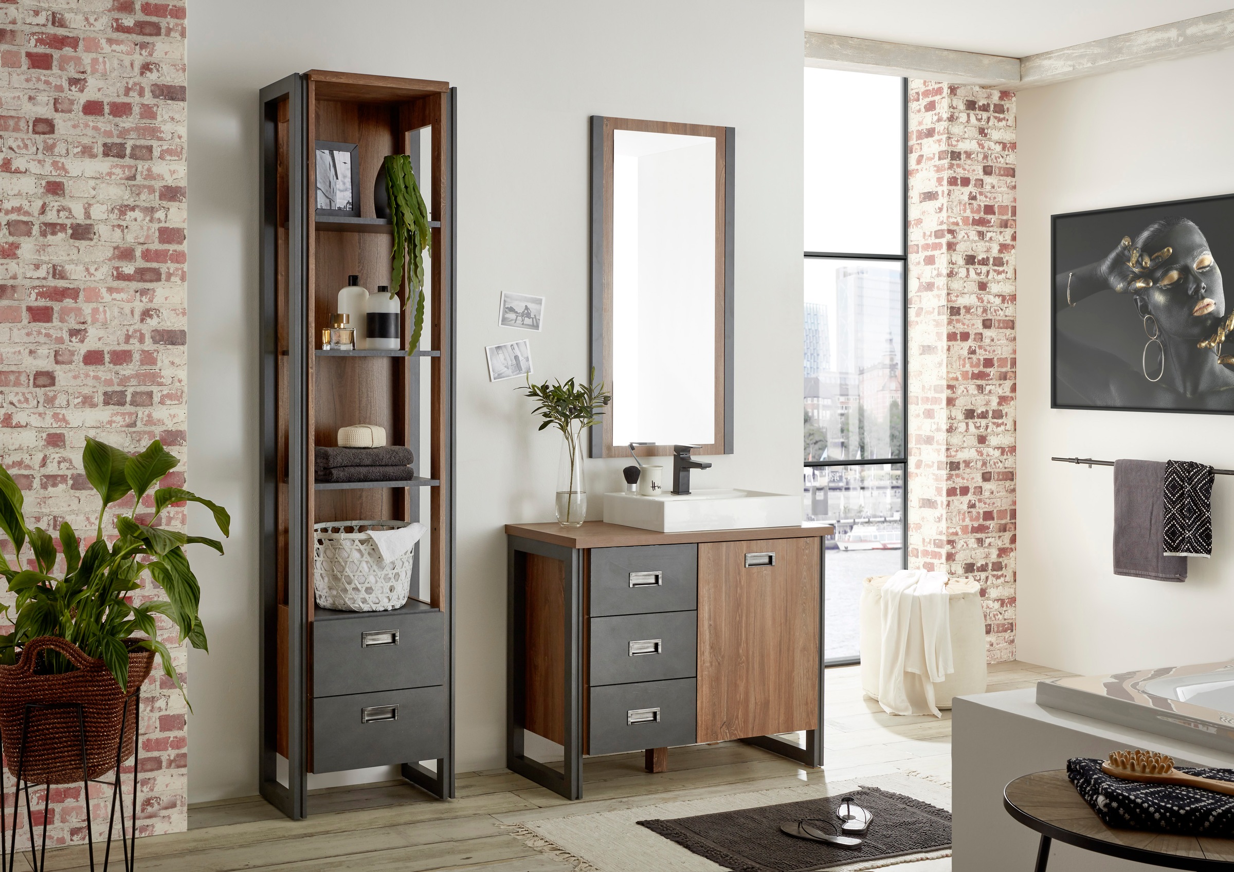 Home affaire Waschtisch »Detroit, Unterschrank mit Apothekergriff, Badschrank, Industrialdesign« Eiche Dekor, mit Stauraum, inkl. Mineralguss-Waschbecken, Breite 91 cm