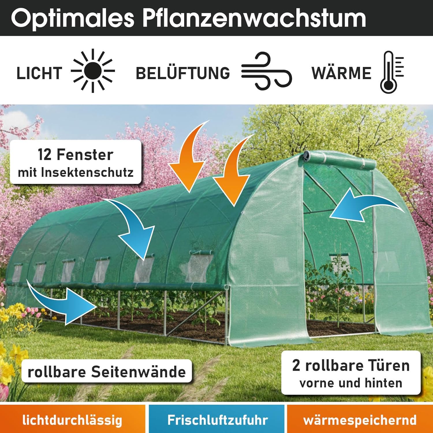 BRAST Gewächshaus Foliengewächshaus mit Stahlfundament | 2x3m - 3x8m | inkl. Erdanker Unkrautvlies & aufrollbare Seitenwände mit Moskitonetz | UV-stabilisierte Gitterschutzfolie 200g/m² | 300x600cm