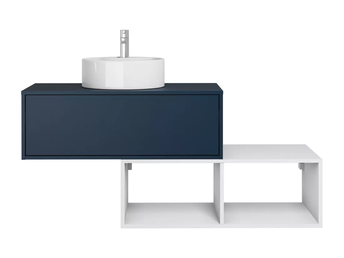 Meuble de salle de bain suspendu avec vasque ronde - 1 tiroir bleu et 2 niches blanches - 94 cm - TEANA II