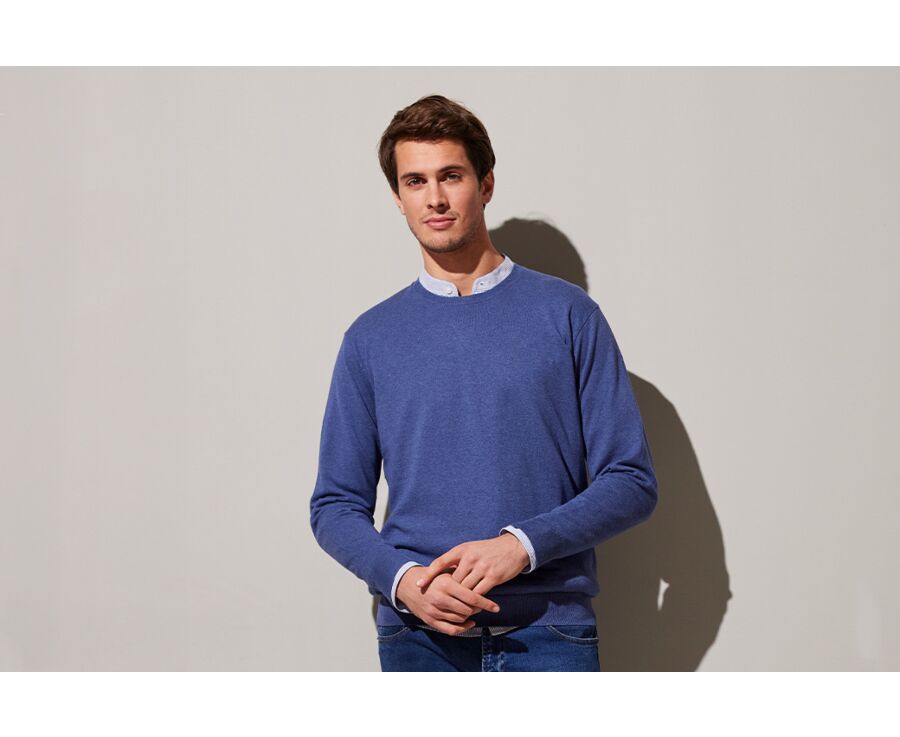 Pull fin homme coton/cachemire col rond Bleu foncé chiné - VLADIMIR
