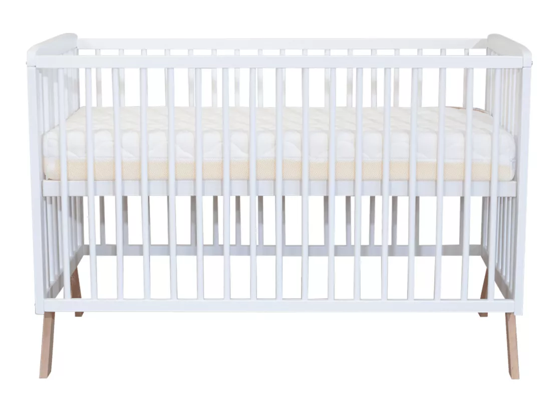 Lit bébé en bois massif blanc avec sommier réglable en hauteur 60x120