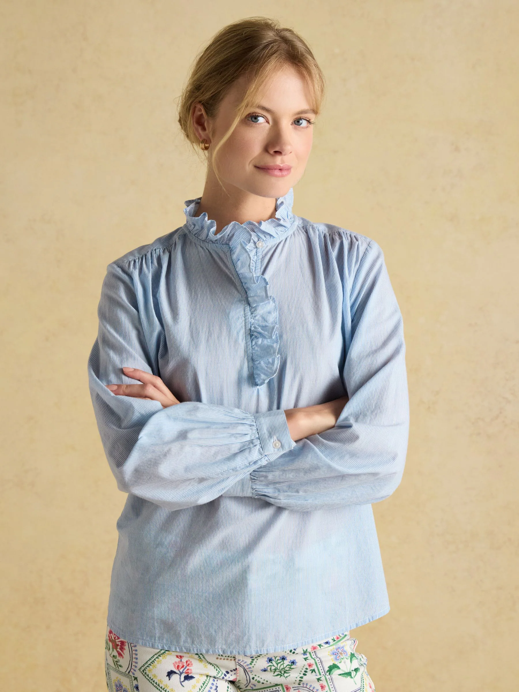 Blauw/wit - Joules Melanie blouse van katoen met ruche