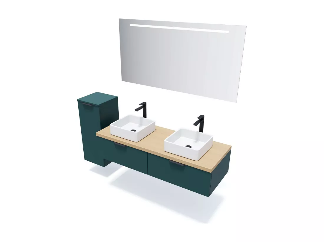 Meuble de salle de bain suspendu 2 vasques à poser 140cm 2 tiroirs Bleu - Soho