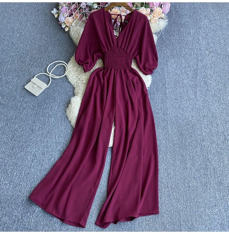 Dudu - Jumpsuit met korte mouwen, V-hals en wijde pijpen