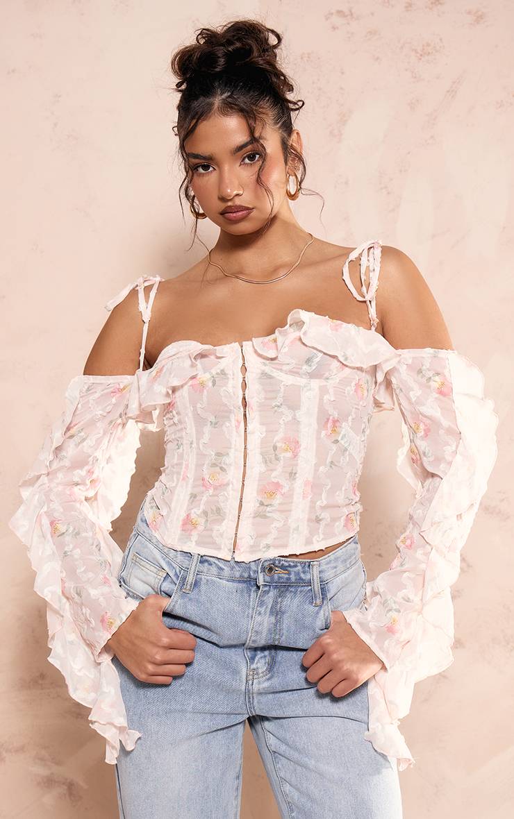 Rose Bébé Top Bardot À Volants Avec Appliqués Floraux Et Fermeture À Crochets