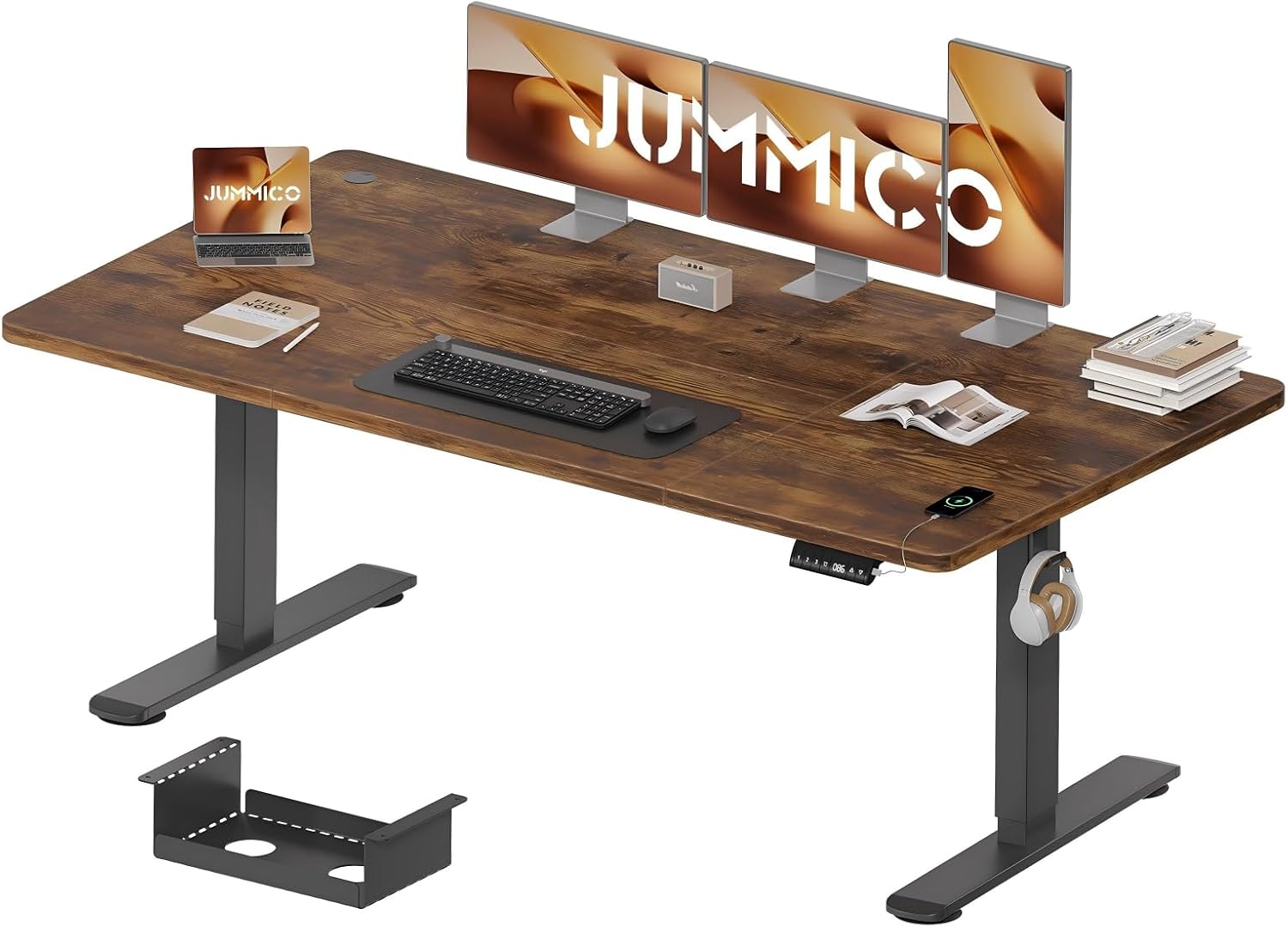 JUMMICO Höhenverstellbarer Schreibtisch 180 x 80 cm mit Kabelwanne, Höhenverstellbar Elektrisch Stehpult mit USB-Buchse, Computertisch, Ergonomischer Steh-Sitz Tisch, Bürotisch, Vintage-Braun