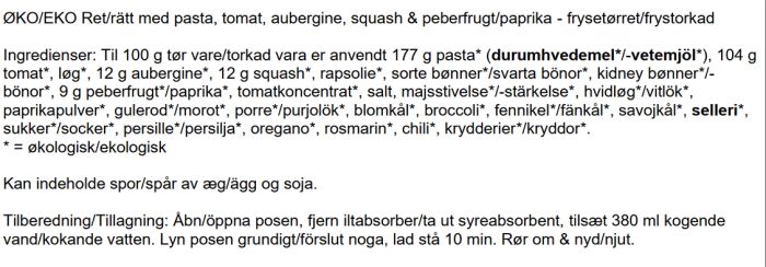 Vegan Ratatouille w/Pasta måltid