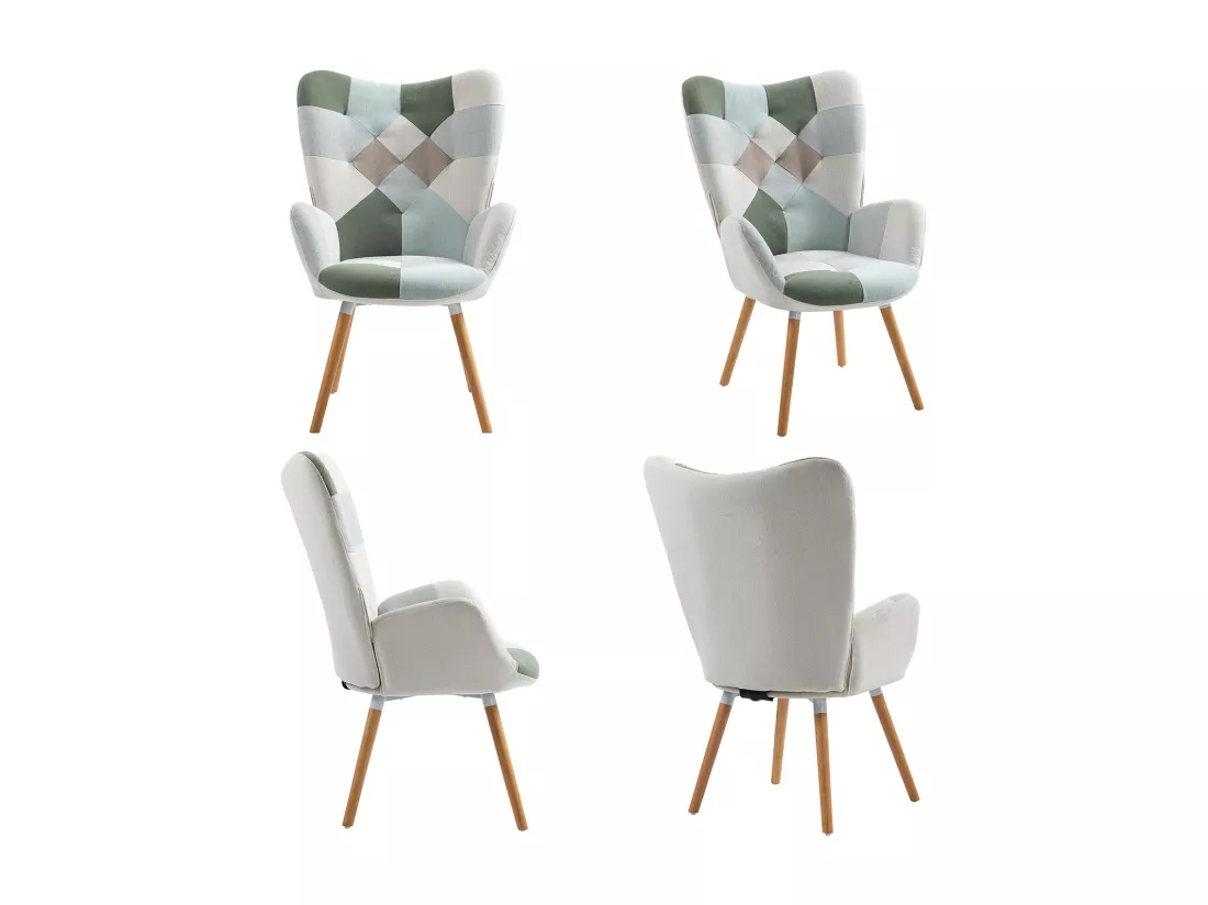 MEUBLES COSY Fauteuil Scandinave Chaise de Canapé de Loisirs pour Salon Salle à Manger Bureau avec Un Revêtement en Tissu, Accoudoirs Rembourés et des Pieds en Bois Massif, Patchwork Vert, 68x50x106cm