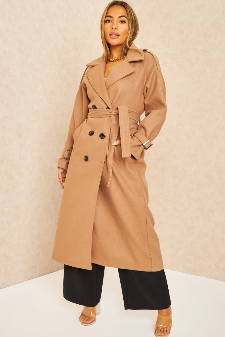 Manteau long duveteux style trench beige foncé