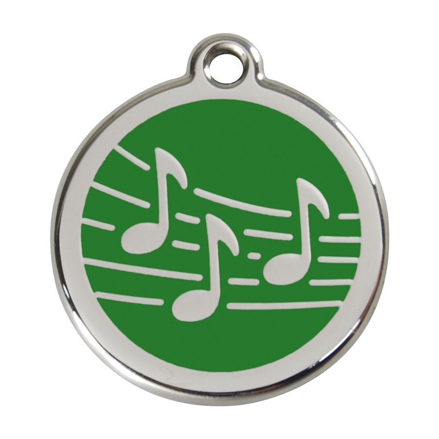 Placa de identificação para cães em aço inoxidável esmaltado com desenho musical verde.