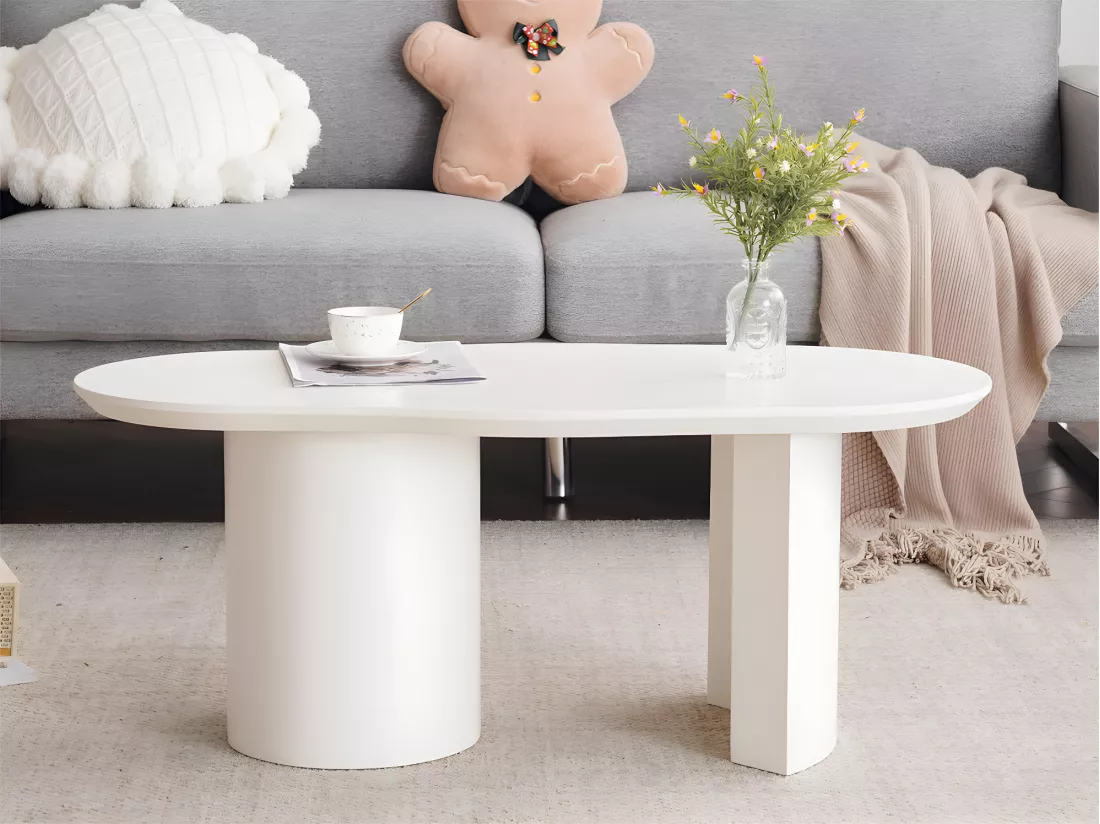 Table basse L 100cm - avec plateau incurvé irrégulier et élégant - Blanc