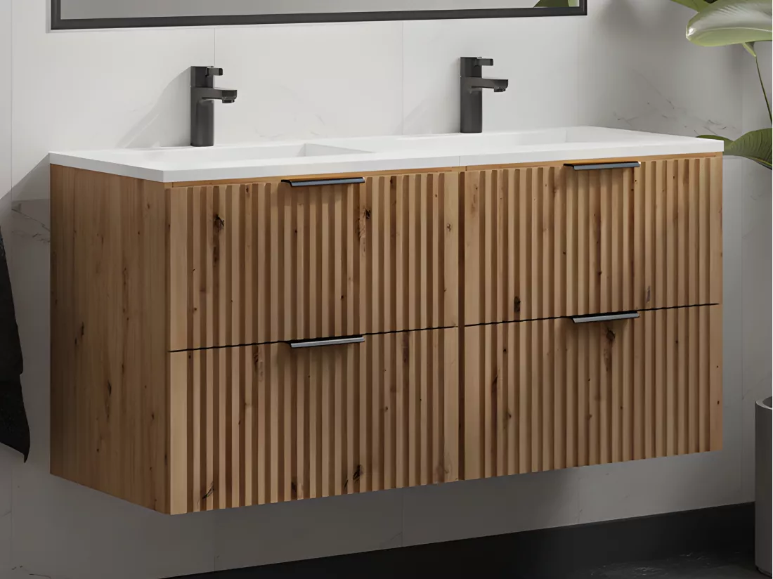 Meuble de salle de bain suspendu strié avec vasque à encastrer - Naturel clair - 120 cm - ZEVARA