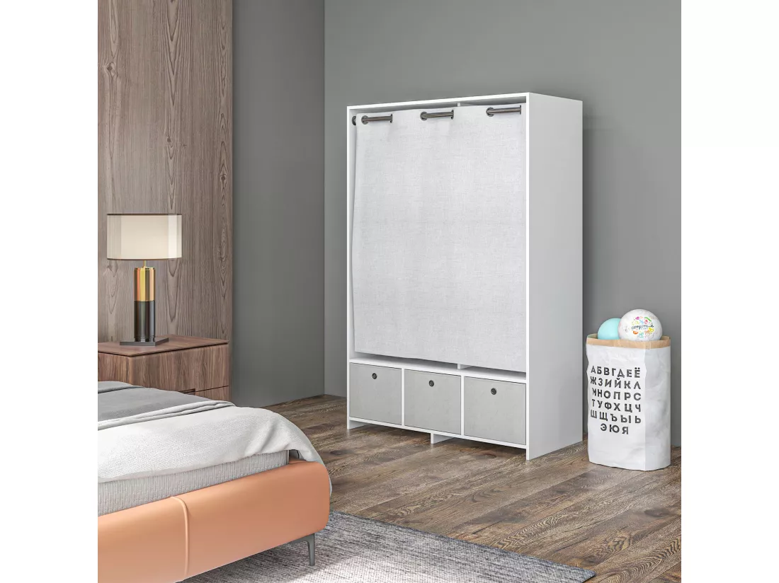 Vestiaire d'entrée - barre de penderie, 3 niches, 3 tiroirs tissu, rideau - panneaux blanc polyester lin gris clair