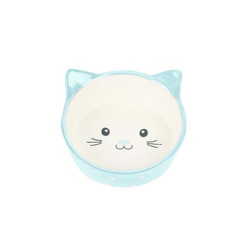 comedouro e bebedouro para gatos com bolinhas azuis