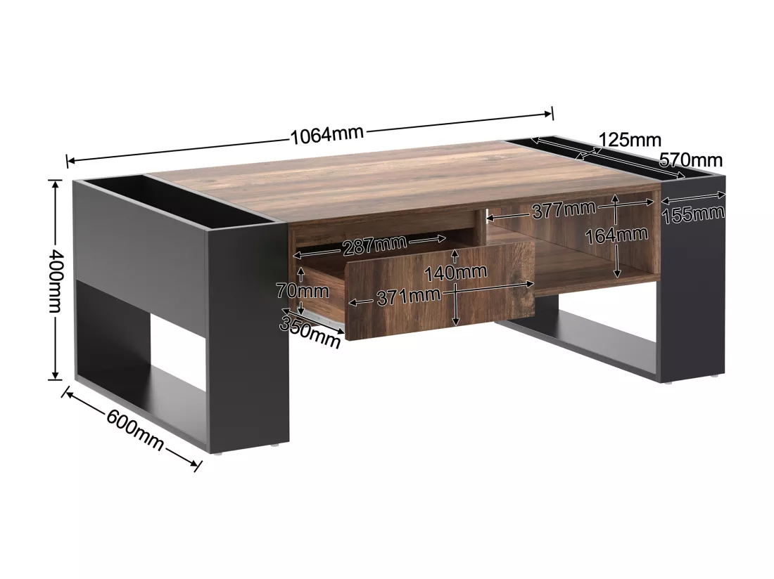 Table basse effet bois 1 tiroir niche ouvert et rangement des 2 côtés anthracite XUGZOIRS