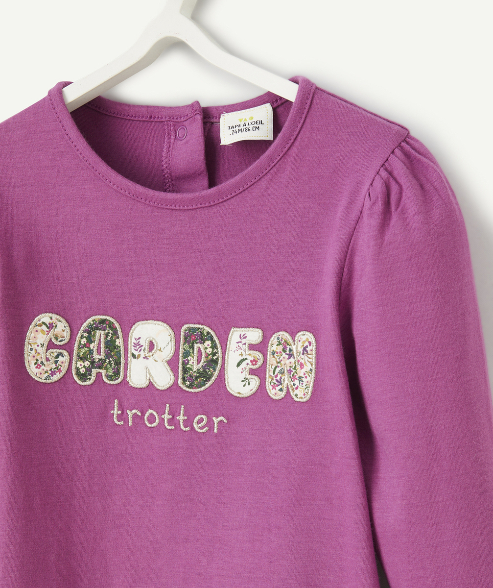 T-SHIRT MANCHES LONGUES EN COTON BIO VIOLET ET MESSAGE FLEURI