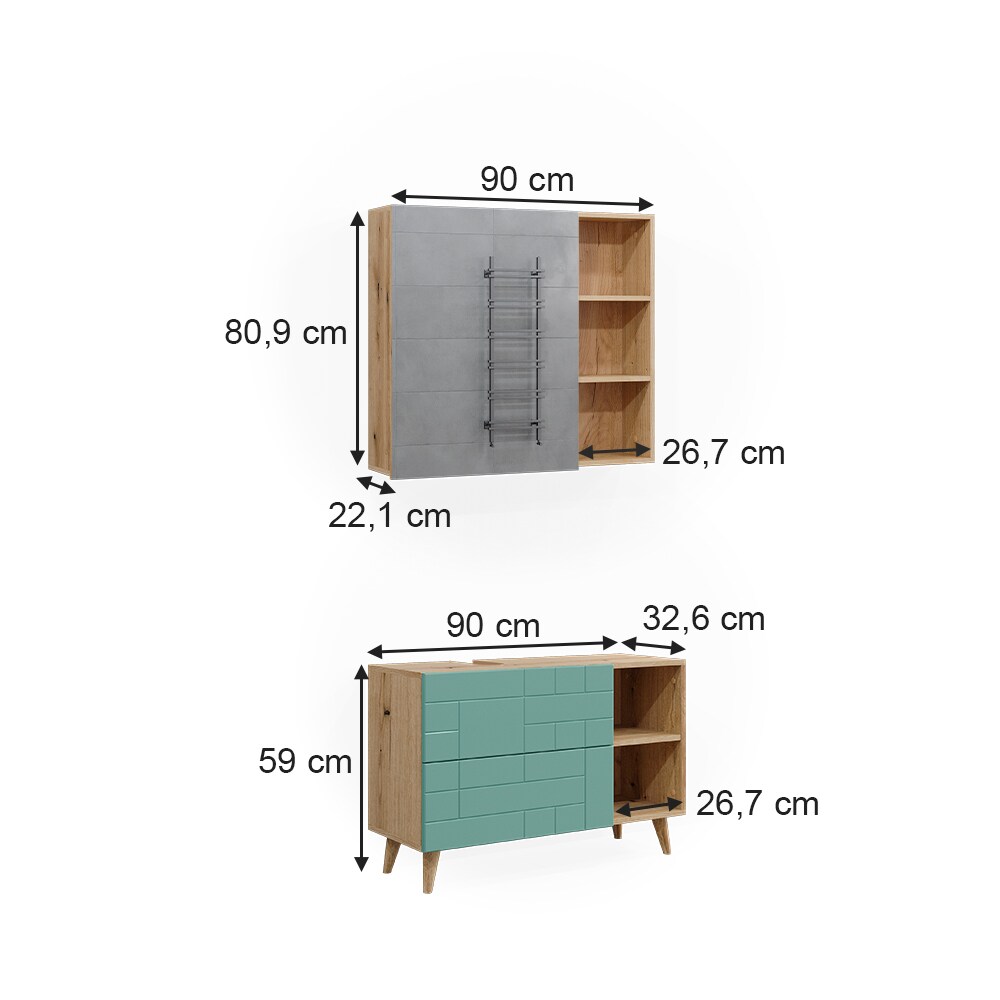 Vicco Badmöbel-Set Rudi in Eiche Evoke Mintgrün, Badezimmer, moderne Badserie Waschbeckenunterschrank Spiegelschrank