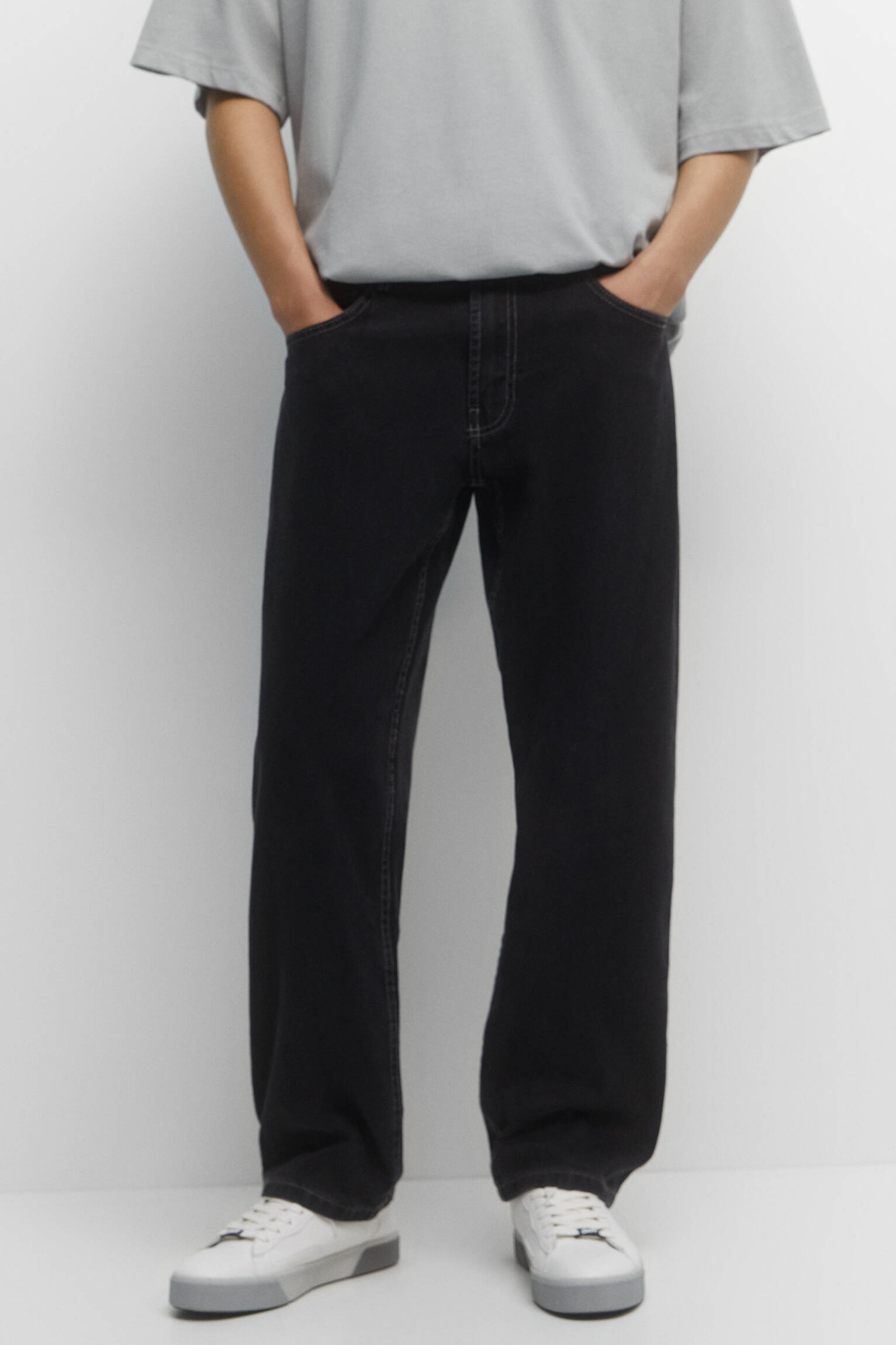 CALÇA JEANS DE ALGODÃO DE PERNA LARGA - PRETA