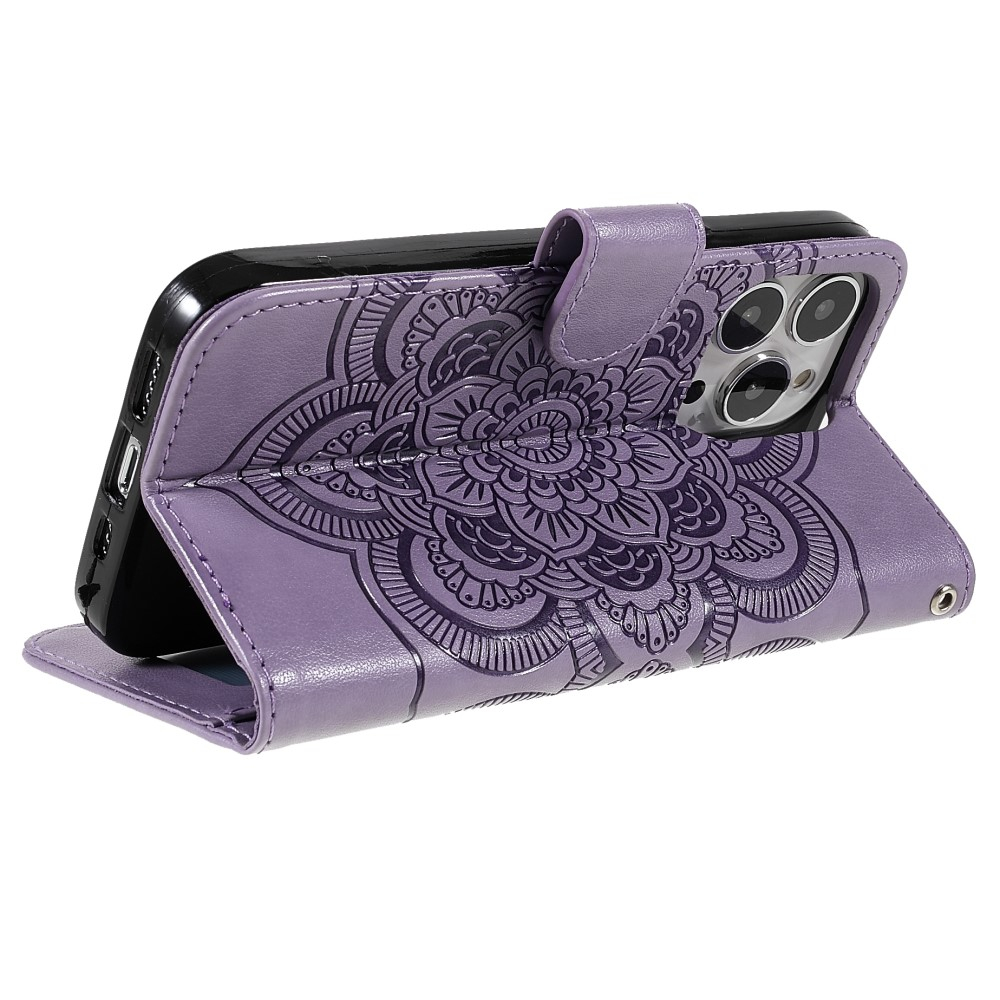 iPhone 13 Pro Leder Tasche Wallet - Mandala Flowers Imprint - Lila