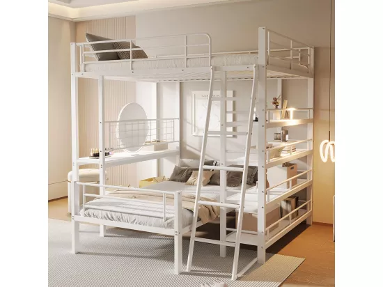 Lit superposé à cadre métallique 140x200 lit mezzanine lit multifonction avec plusieurs compartiments de rangement Blanc