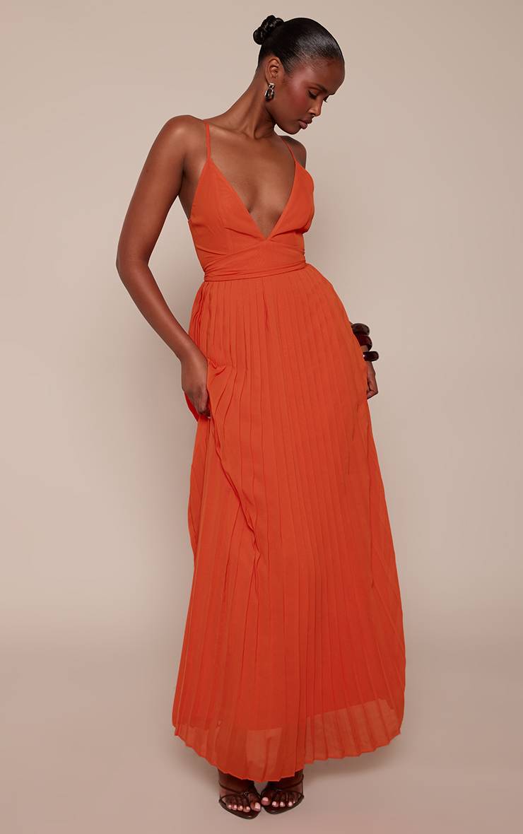 Orange Robe Longue Plissée En Mousseline Avec Bretelles Fines Et Ceinture
