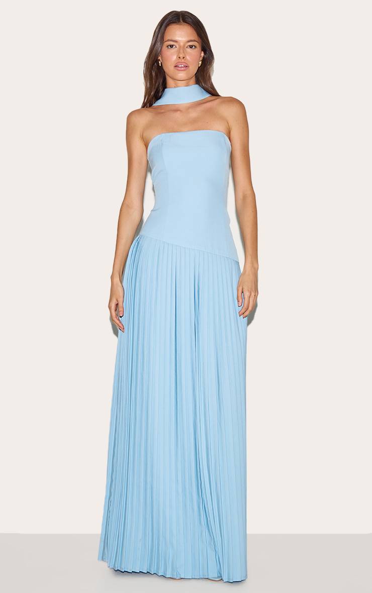 Bleu Pâle Robe Maxi Plissée Asymétrique En Tissu Tissé