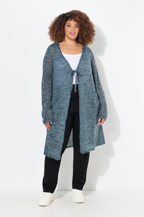 Long-Strickjacke, Bindeband, V-Ausschnitt, Rollkanten