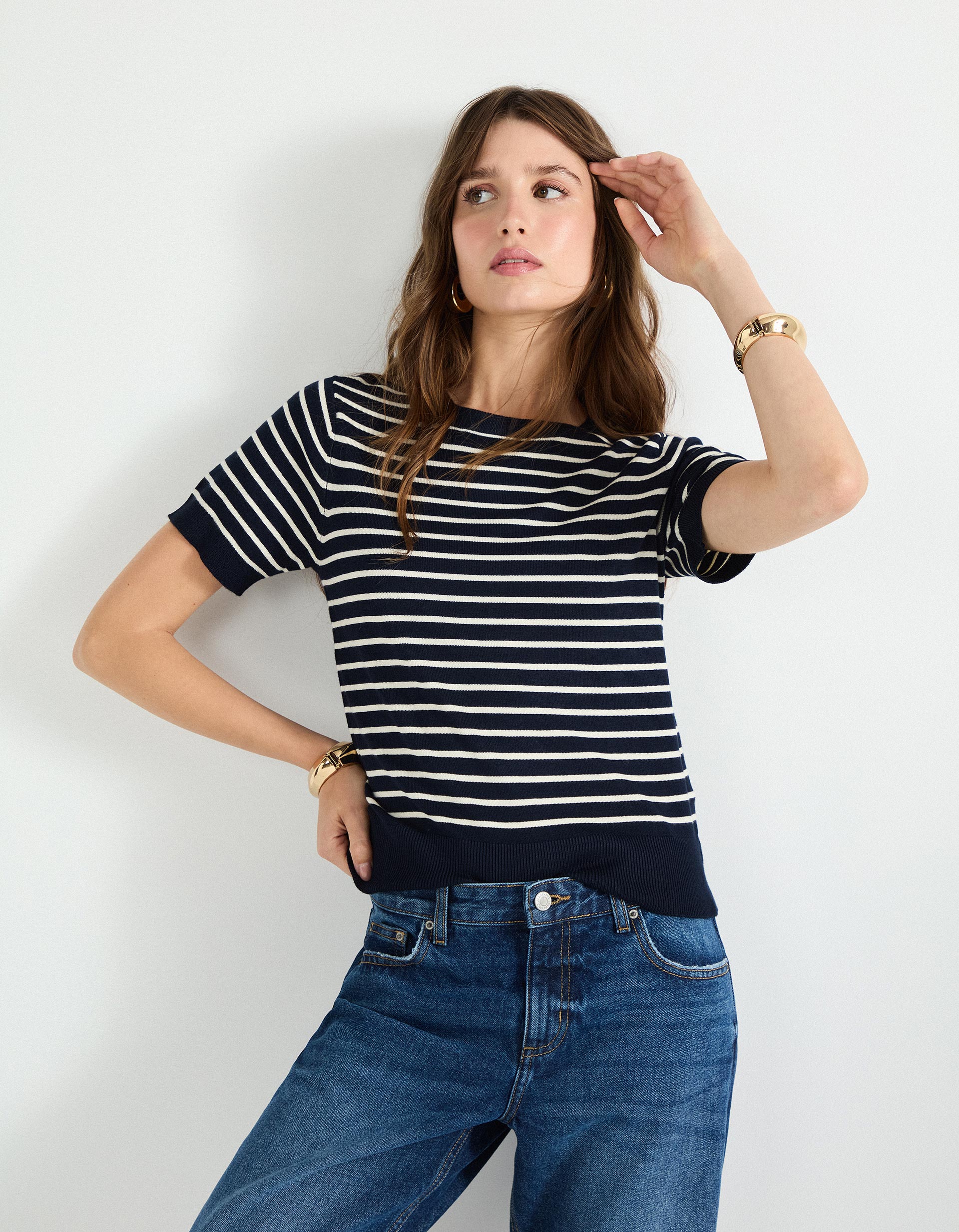 Camisola de Malha às Riscas, Mulher, Azul Escuro