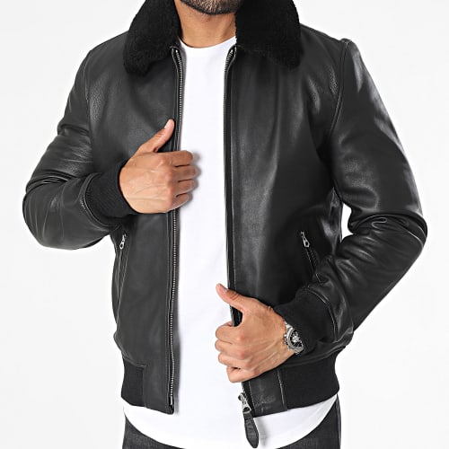 Veste Cuir Col Mouton LCYALES2 Noir