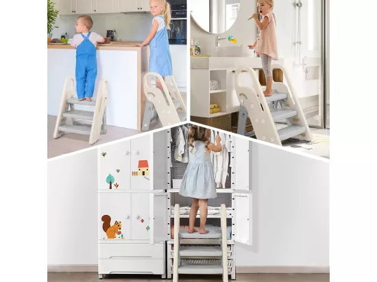 Marchepied Pliable pour Enfant Bébé avec 3 Marches Antidérapant, Rehausseur Stable, Hauteur Réglable, Multifonction avec Poignées Sécurité pr Salle de bain, Gris et beige