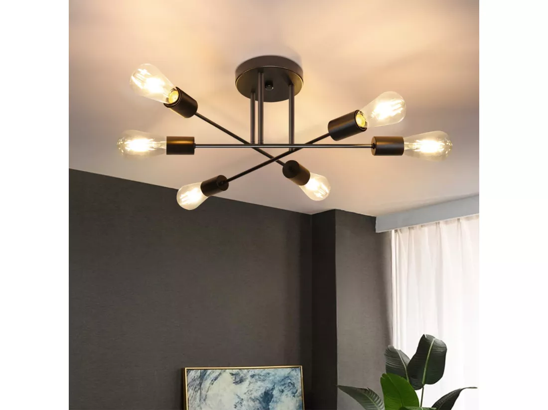 NETTLIFE Plafonnier Vintage 6 Ampoules Salon Industriel E27 Lustre Noir Rétro Lampe de Chambre à Coucher Style Rustique Lampe de Table à Manger