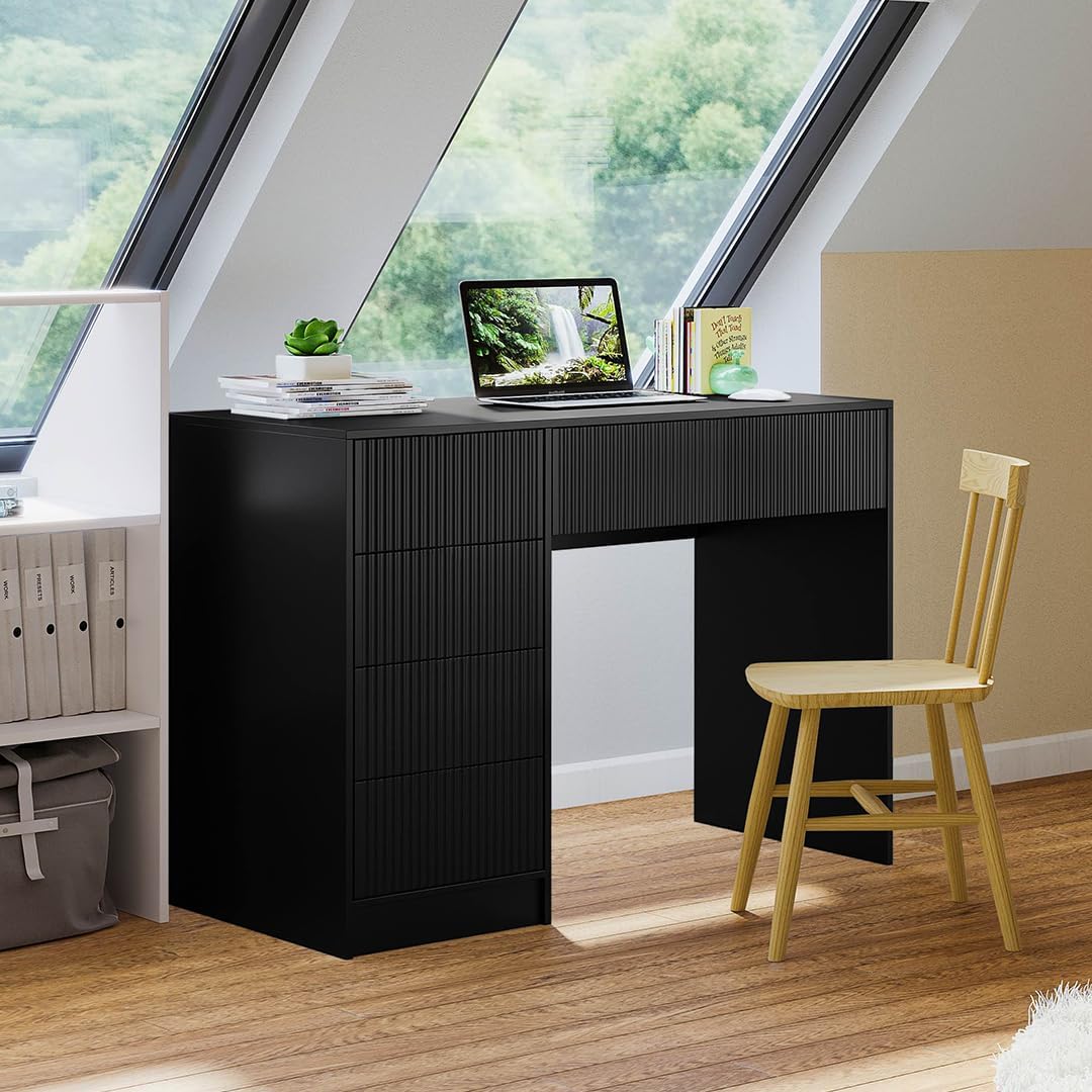 Bellamio Livny Schreibtisch schwarz geriffelt mit 5 Schubladen – Schminktisch ohne Spiegel – White Desk with Drawers 80x53x110 cm – Jugendschreibtisch - Bürotisch mit Schubladen beidseitig montierbar