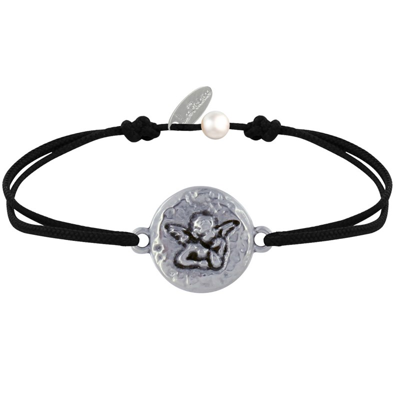Bracelet Lien Médaille Ronde Martelée Laiton Argenté Ange Raphaël - Noir