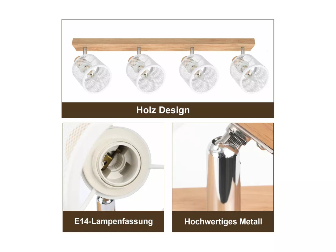 NETTLIFE Plafonnier 4 Spots blanc aspect bois - plafonnier E14 orientable 350° 4 ampoules max 25w moderne pour salon chambre cuisine.
