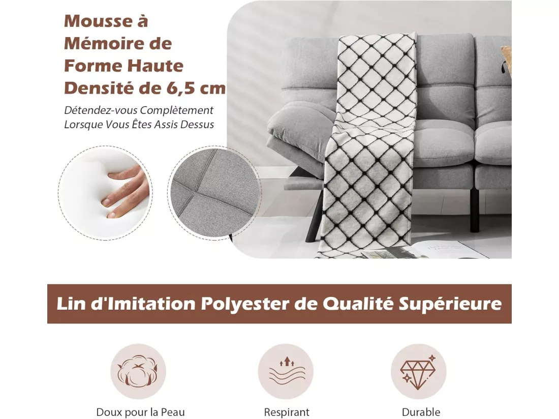 Canapé-Lit Convertible 5 en 1 avec Dossier et Accoudoirs Réglables, Canapé Futon 3 Places en Mousse à Mémoire, Pieds Métalliques, pour Petits Appartements, Salon, Bureau, Charge 273 KG, Gris