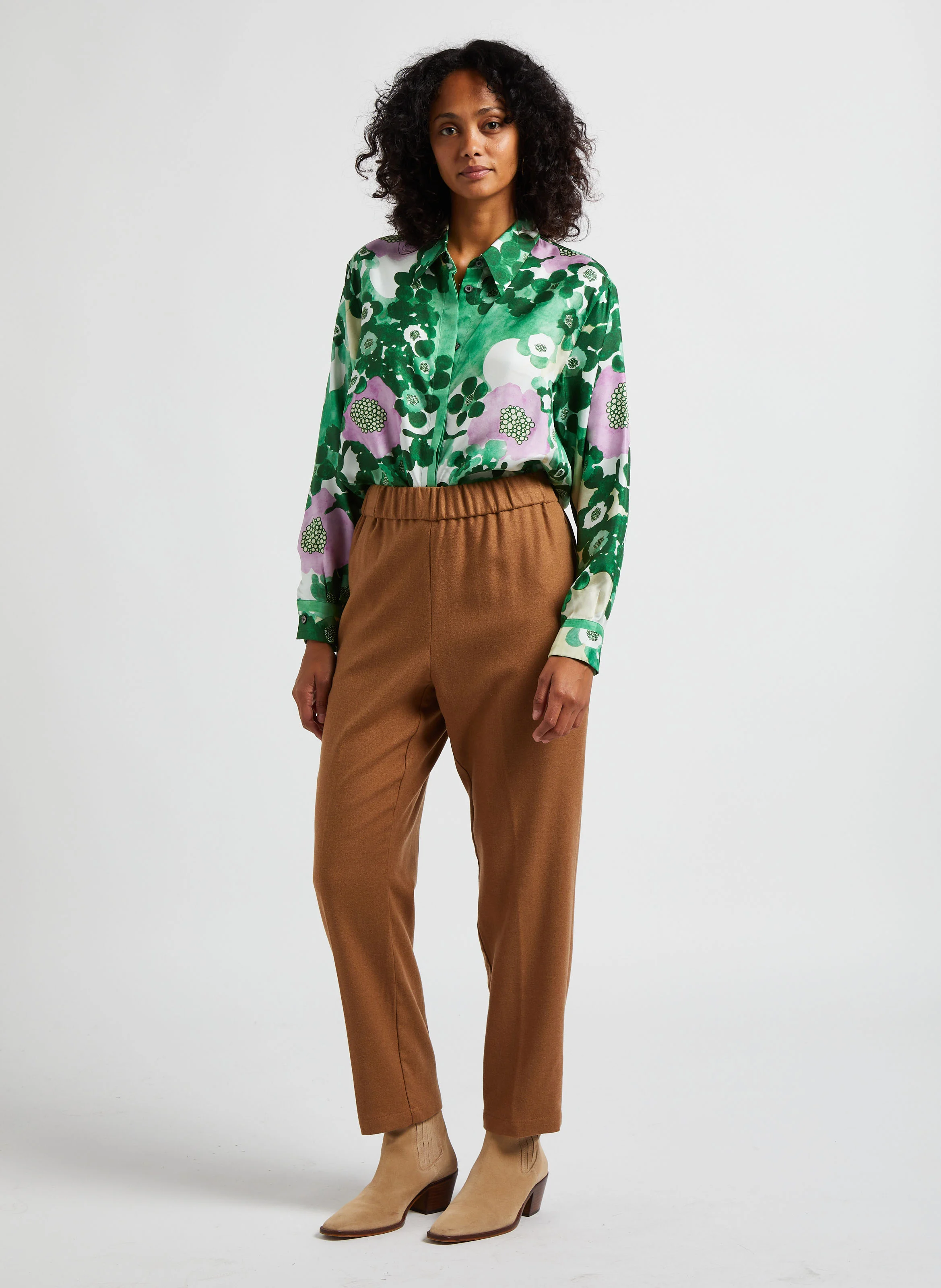 GINA - Chemise col classique imprimé floral en soie | Vert