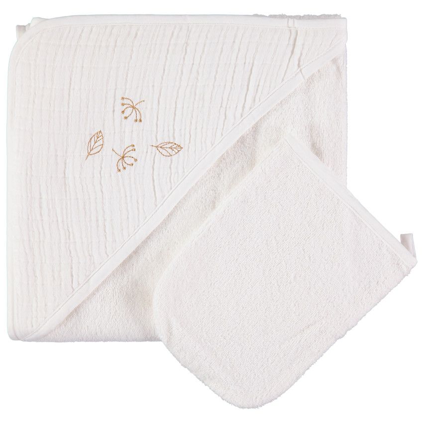 Set de bain en éponge et tétra à feuilles brodées - Ecru
