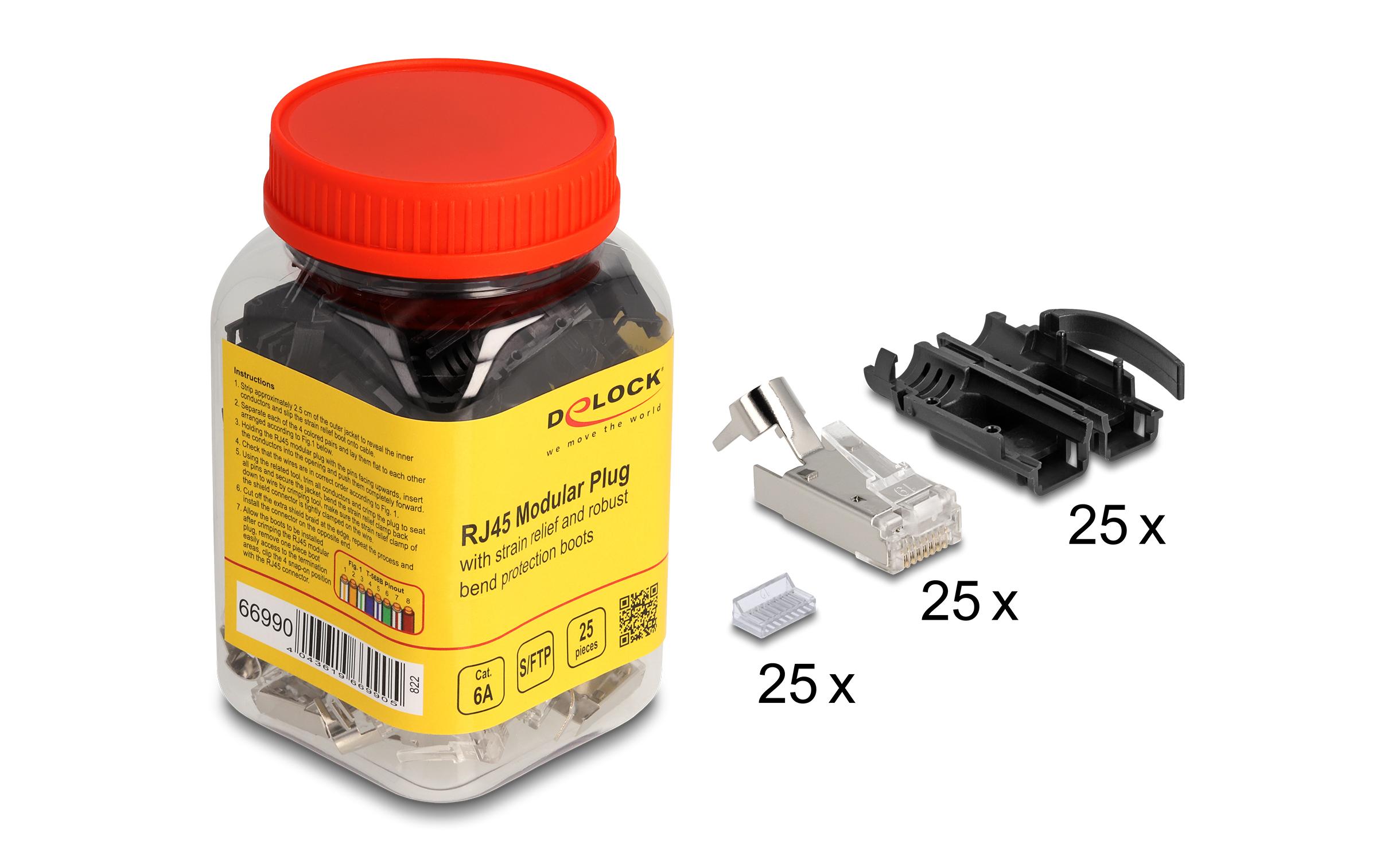 Stecker RJ45, S/FTP, Cat.6A 25 Stück, SchwarzDelock RJ45 Modularer Stecker mit Zugentlastung Cat.6A und robuster Knickschutztülle 25er Set