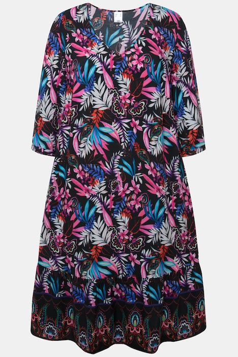 Kleid, A-Line, Alloverdruck, V-Ausschnitt, 3/4-Ärmel