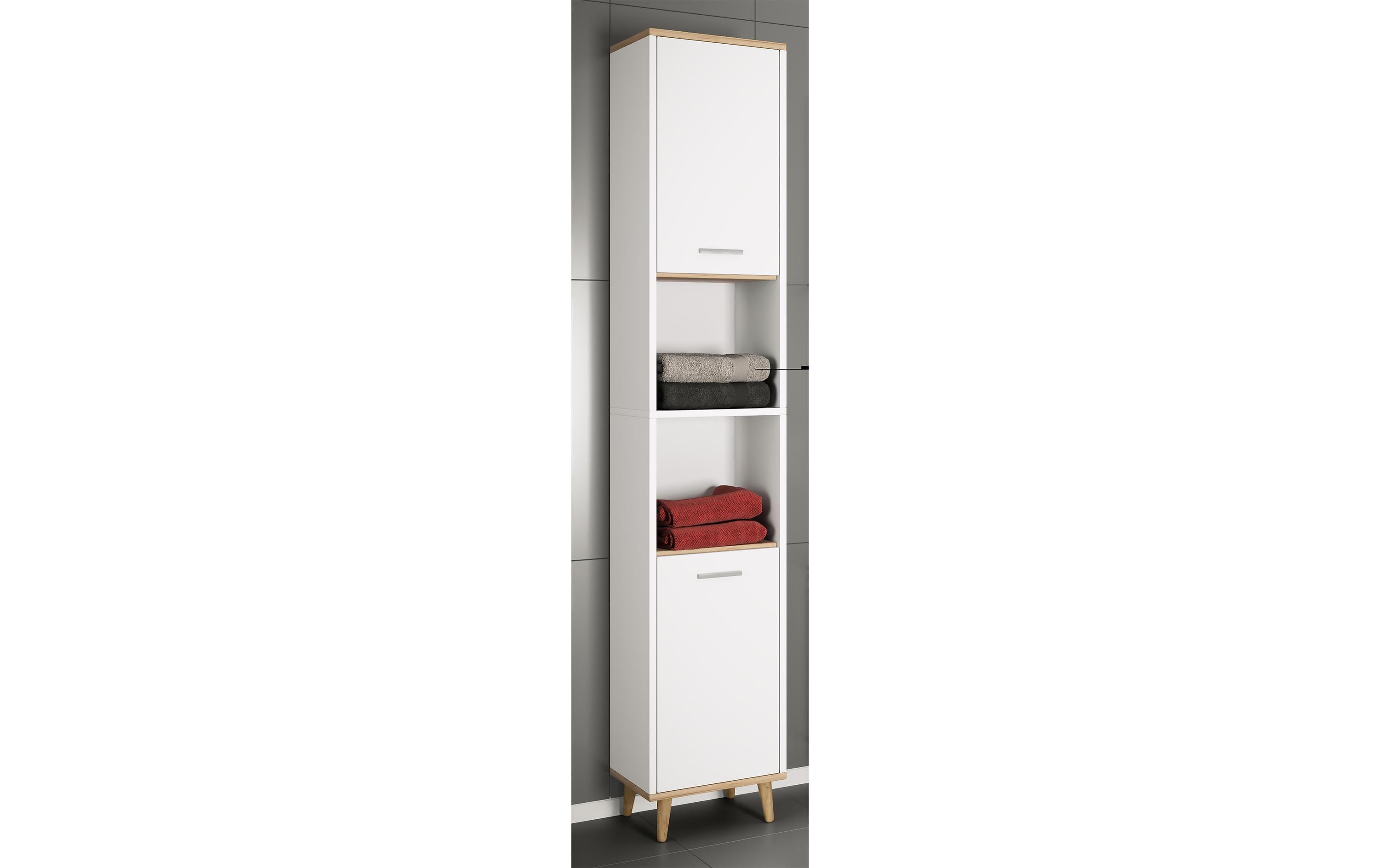 Badezimmerregal Landos 32 x 184 cm, Weiss/Honig-EicheModerner Hochschrank für das Badezimmer