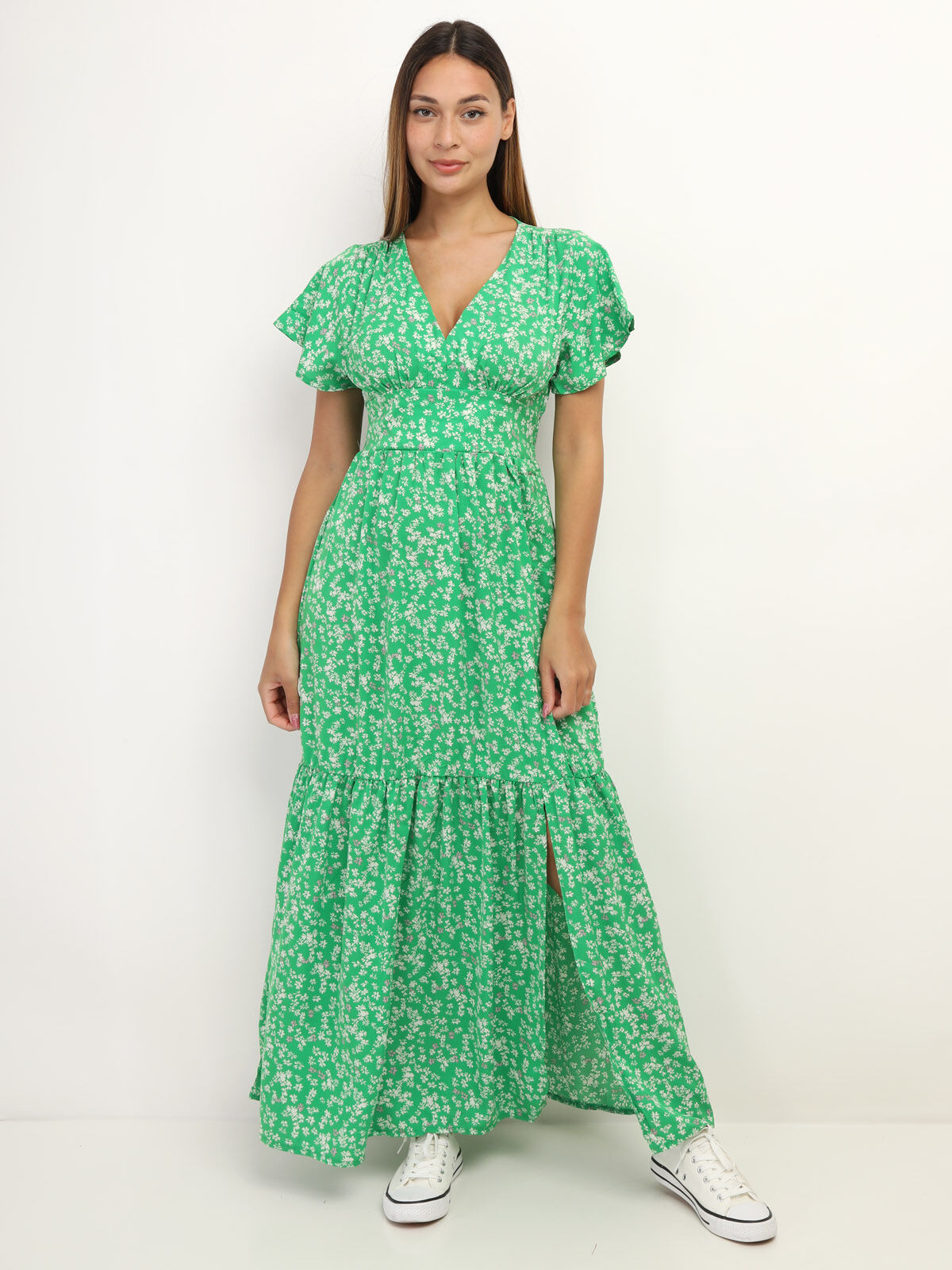 Robe fluide à fleurs fendue- Vert