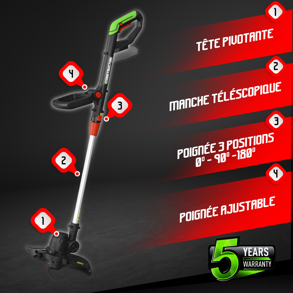 Coupe bordures 20v max sans batterie - manche téléscopique - constructor