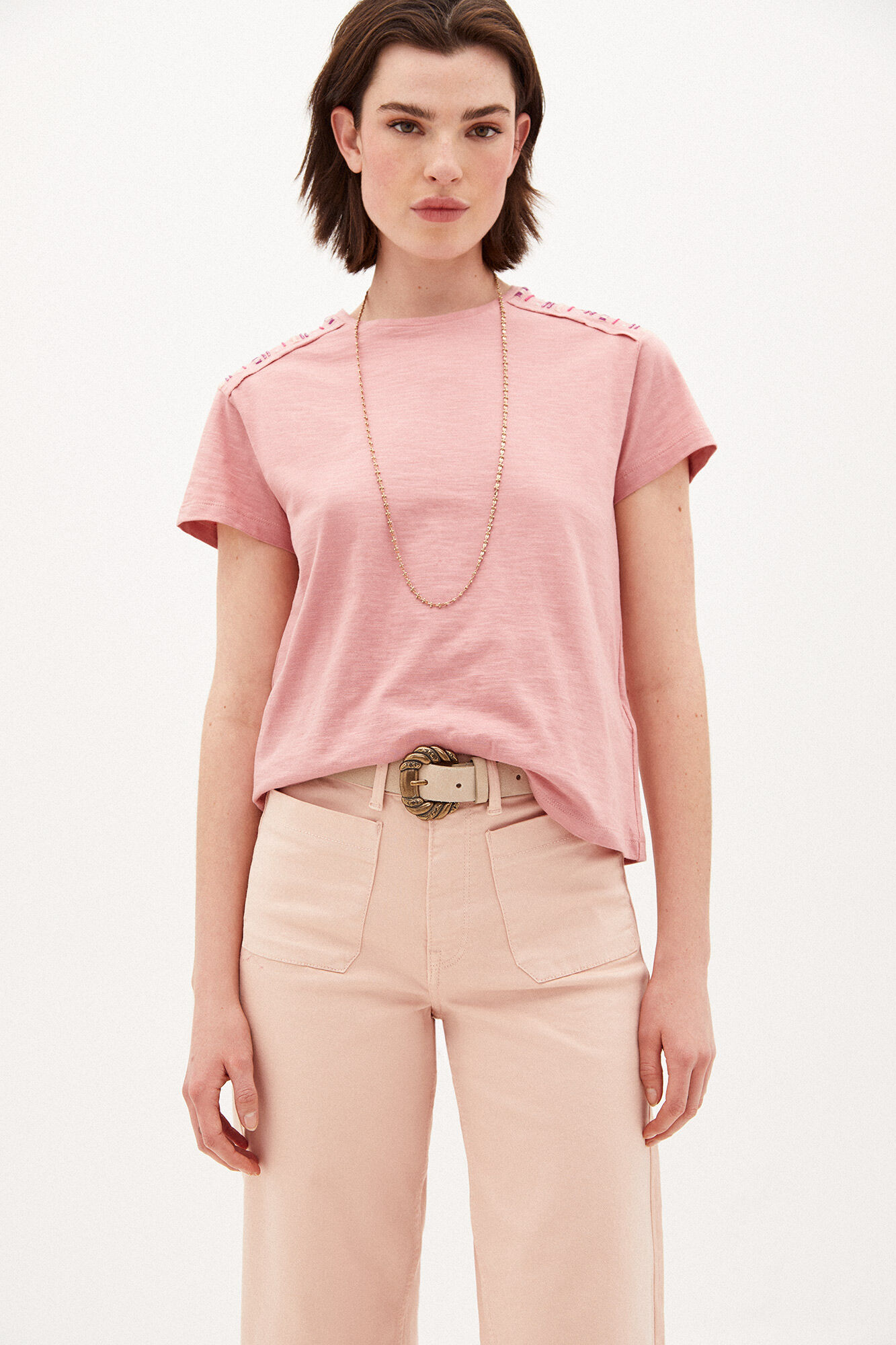 Camiseta Cindy de algodão bordada - Rosa