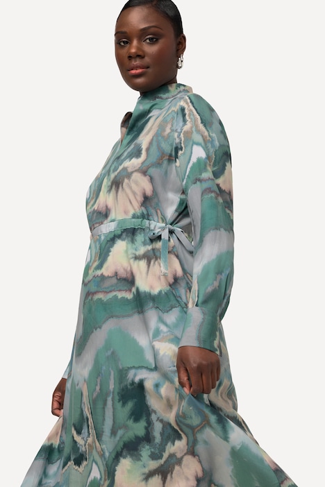 Lyocell-Midikleid, Marmor-Design, Stehkragen, Langarm