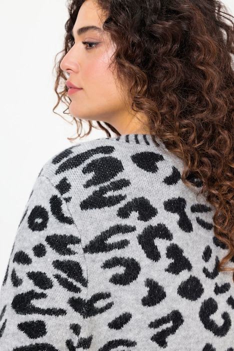 Long-Strickjacke, Leomuster, V-Ausschnitt, Langarm